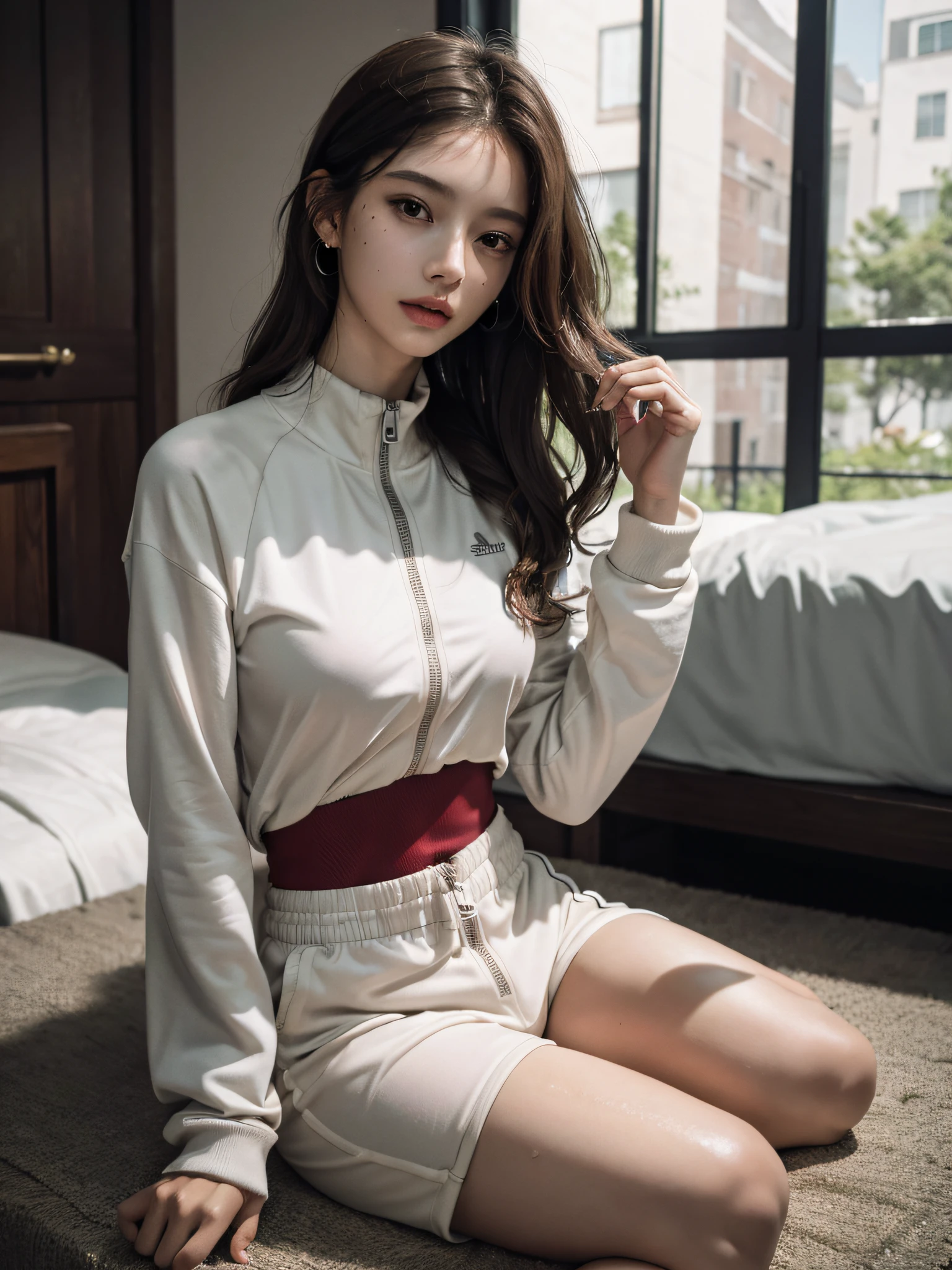 absurderes, Raw photo, Extremely delicate and beautiful, masutepiece, Best Quality, Ultra High Resolution, 16 K, hyper realisitic, Realistic, Photorealistic, Photorealsitic, Ultra-detailed, Perfect Anatomy, super detailed skin, Perfect figure, Very detailed CG 8k wallpaper, in her 20s, Very slim body, Narrow waist, Very small head, Very small face, Delicate facial features, tear moles, Earring, thin legs, (very massive round chest), (Full body shot:1.2), (1 girl), Long bob hair, (Wavy Hair), (light brown hair), (Wet clothes), (Joggers:1.2), (Shorts),