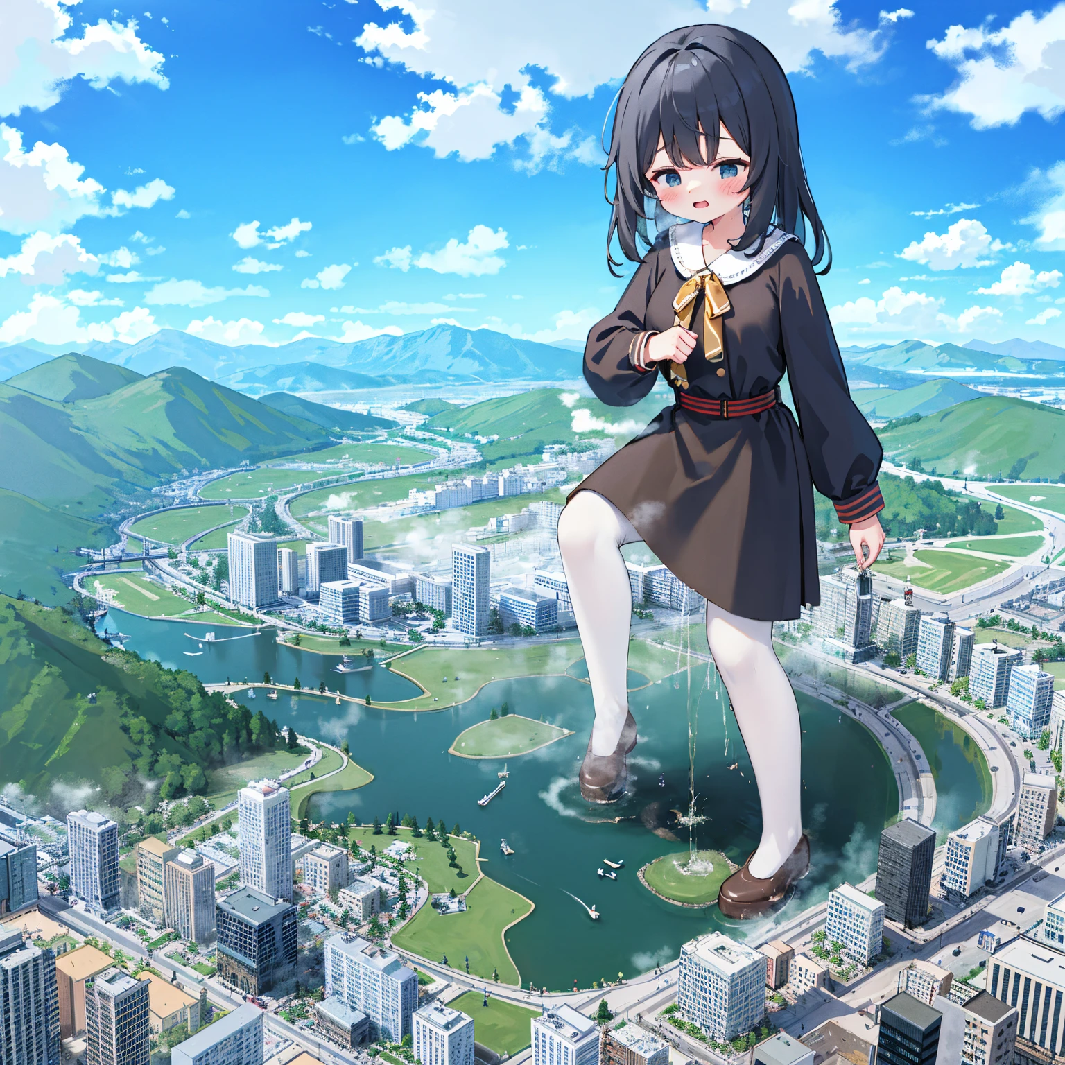 NSFW，​​{A giantess}，{1个Giant Breast Girl}，{are standing}，{urine discharge}​​，​​clouds， looking over city， mountain ranges， tmasterpiece, Best quality at best, The content is very detailed,tmasterpiece,Best quality at best,offcial art,extremely detaild的 CG unified 8k wallpapers，{{{A giantess}}}，Huge girl，1 girl，modern miniature city，pissing，Pee everywhere，no shoe，{blackstockings}，Get up，face flushed，comfortable expressions，pissing，urine，Nourishes urine，Urine eruption，Urine gives off steam，{Pee while standing on a modern miniature city}，The city is full of urine