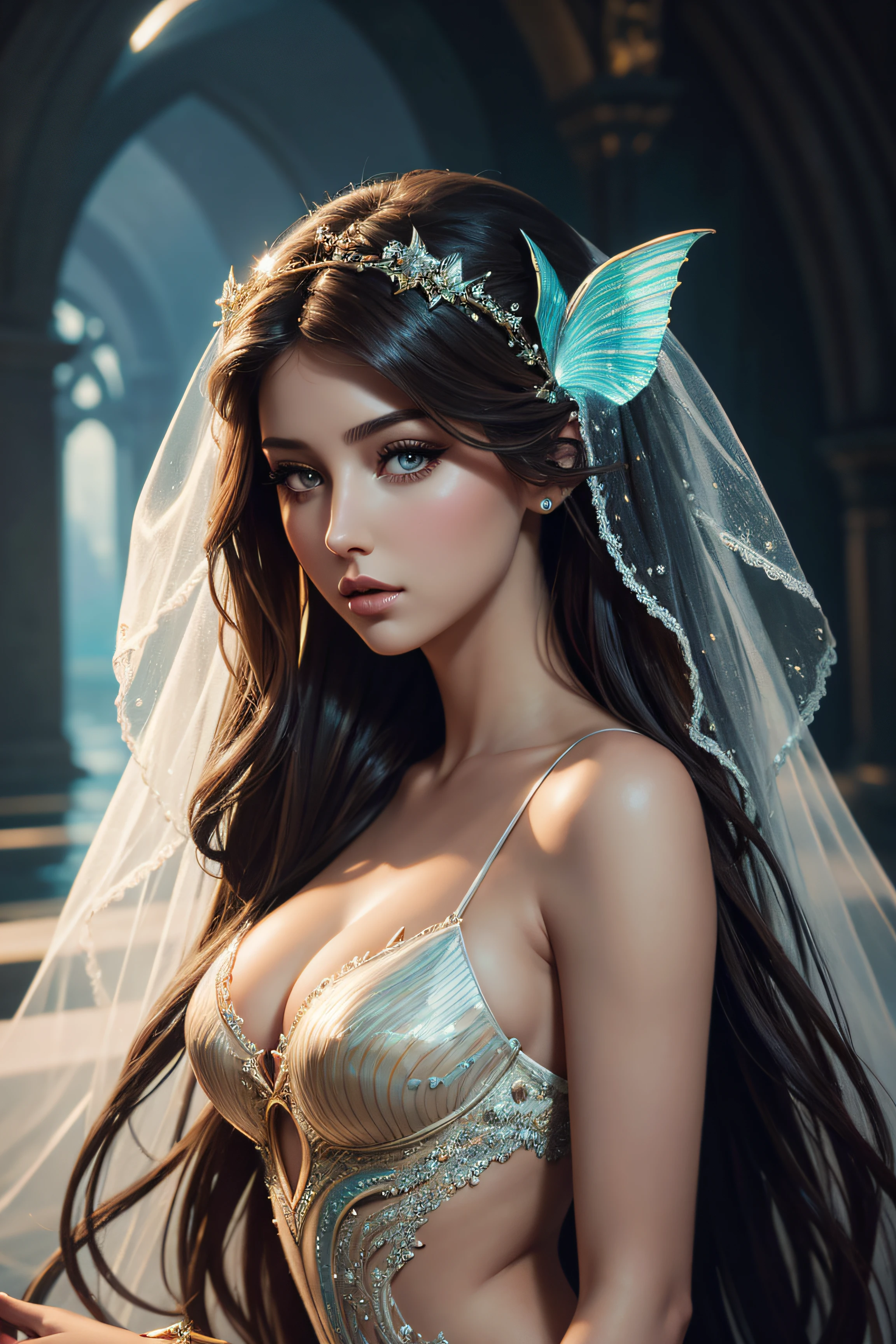 Gigi Paris, mermaid bride sexy clothes, character portrait, 4 9 9 0 s, long hair, intricate, elegant, highly detailed, digital painting, artstation, concept art, smooth, sharp focus, illustration, art by wlop, charlie bowater and alexandra fomina, no water marks