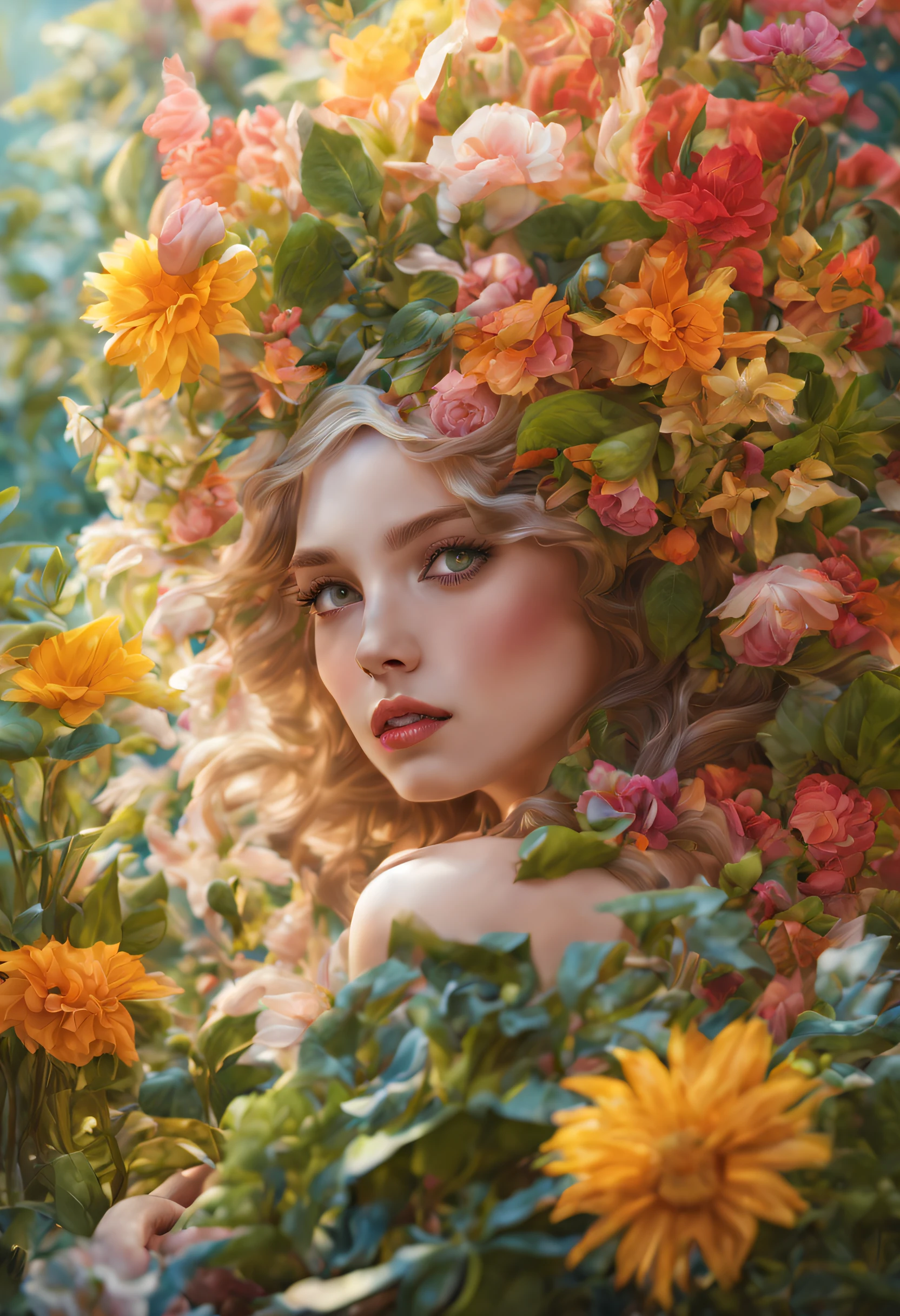 best quality,highres,masterpiece:1.2,ultra-detailed,realistic,photorealistic:1.37,girl made of flowers and plants,beautiful detailed eyes,beautiful detailed lips,extremely detailed eyes and face,long eyelashes,colourful garden,delicate petals,blooming flowers,vibrant leaves,vivid colors,soft sunlight,ethereal atmosphere,harmonious composition,botanical beauty,organic elements,blend of flora and fauna,botanical dream,creative transformation,floral fashion,fantasy figure,nature-inspired art,unique botanical portrait,natural elegance,artistic fusion,femininity meets nature,surreal botanical art,whimsical garden,floral goddess