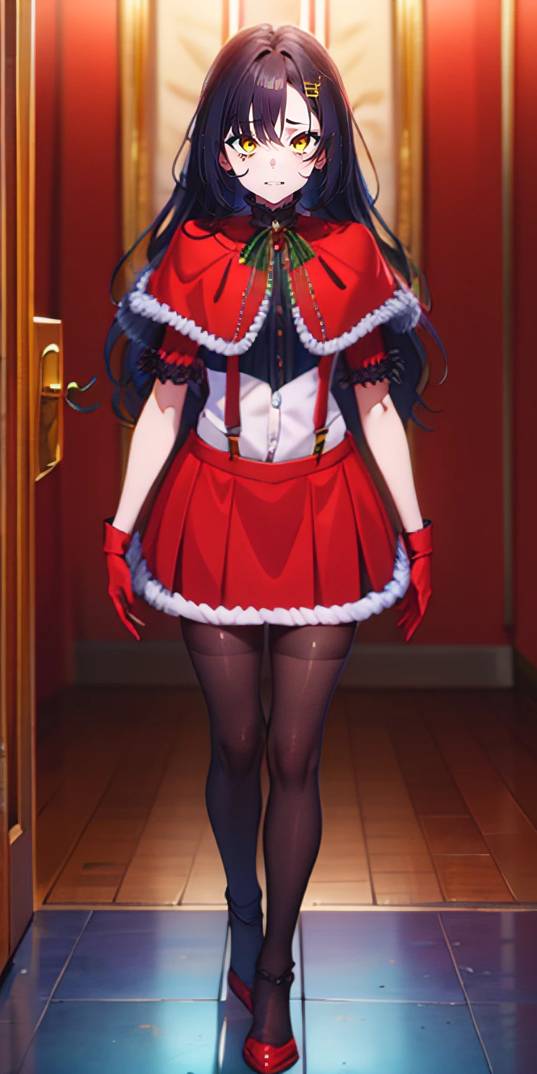 anatomically correct, best quality, masterpiece, high quality, high details, highres, HD, (shaded face:1.2), hollow eyes, yellow eyes, looking at viewer, heavy breathing, smirk, upper teeth, black hair, long hair, red fur-trimmed capelet, suspenders, christmas, red skirt, red fur-trimmed gloves, standing, walking,