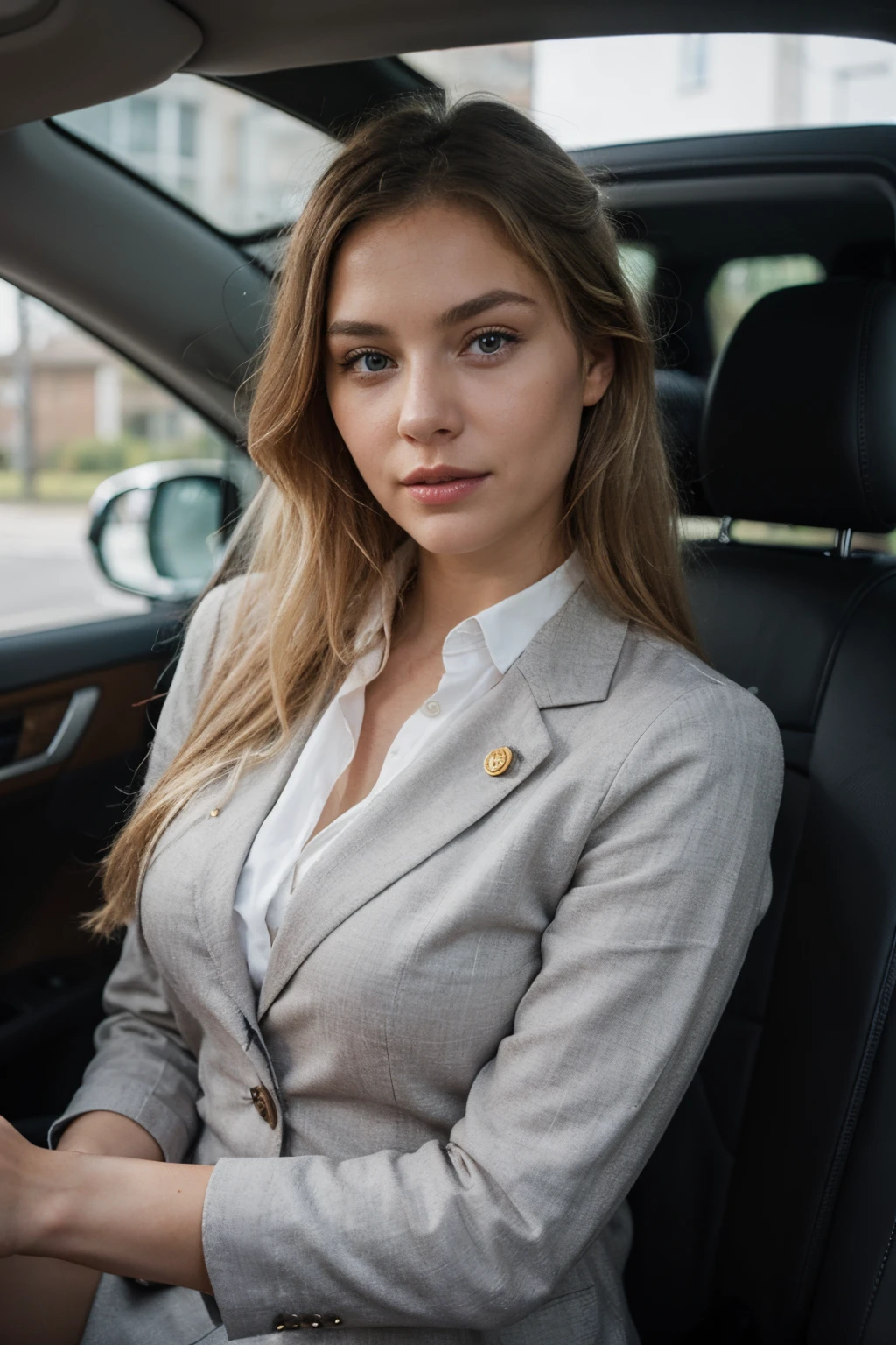 Light blonde Swedish woman wearing a grey business costume in a car, ((best qulaity)), ((Meisterwerk)), (Detailliert), Perfektes Gesicht