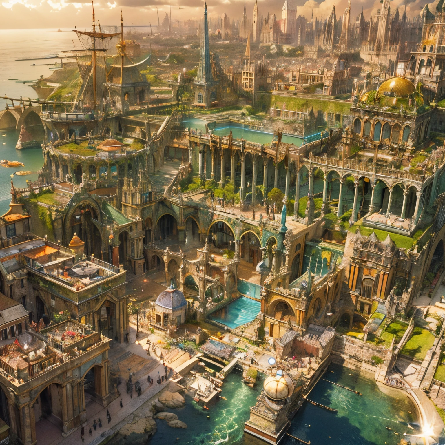 atlantean,Rise slowly from the sea,Extremely gorgeous,A shocking scene,A magnificent city,Extremely complex urban fabric,Ancient city-state,Golden Age legacy