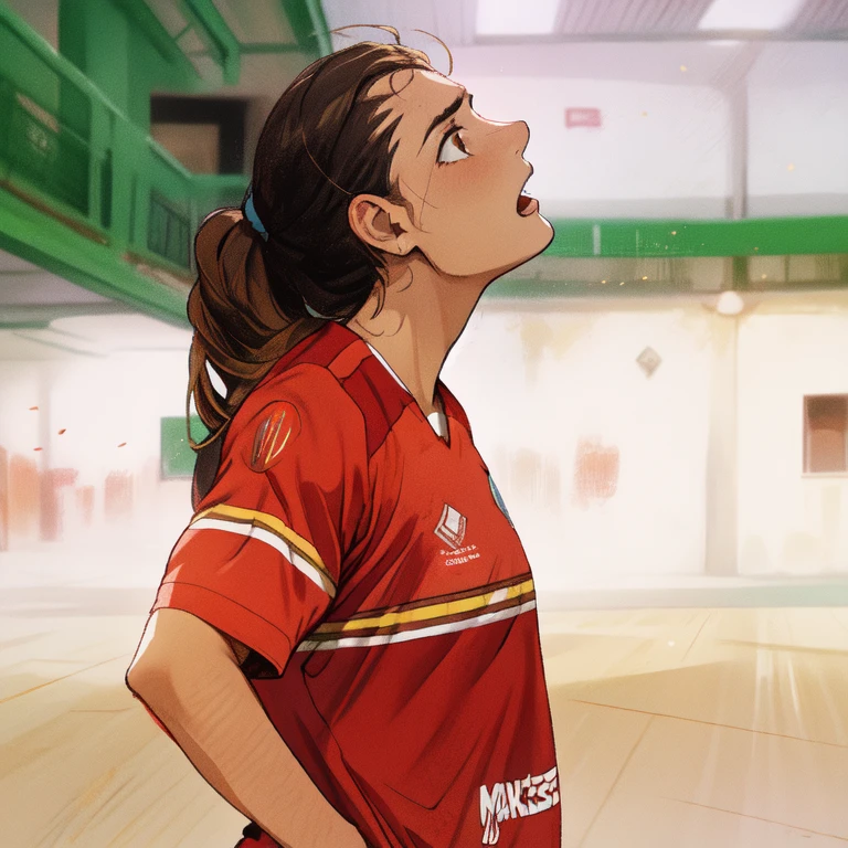 there is a woman that is standing up soccer arena wearing soccer jersey, malika favre, simona sbaffi is the captain, mina petrovic, sanja stikovic, caroline gariba, laura sava, estefania villegas burgos, indoor shot, carola rubio, magdalena radziej, intense expression, indoor, magalie villeneuve