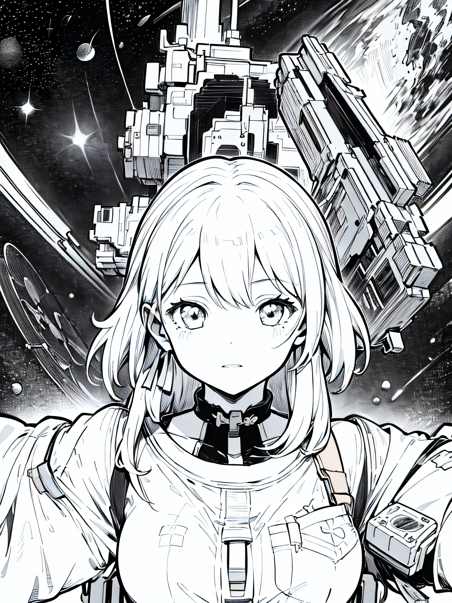 black and white manga style, Highly Detailed, Masterpiece, Hyper detailed, Illustration, (1 girl, 18 years old japanese woman figure), (march 7), in the space station, cinematic shot, ((manga, manga style, black and white))