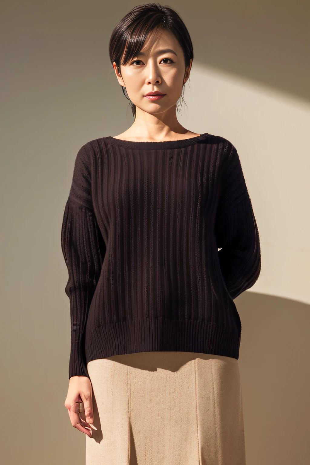 Pale solid color background,japanese mature, 30-years old, slim figure, 独奏, he is standing in the center of the screen、Close your mouth and eyes and look straight ahead with a serious expression.., Sweaters, skirt by the, Composition from knees to top of head, hight resolution, high-level image quality, high detailing, Textured skin, tre anatomically correct, sharp,