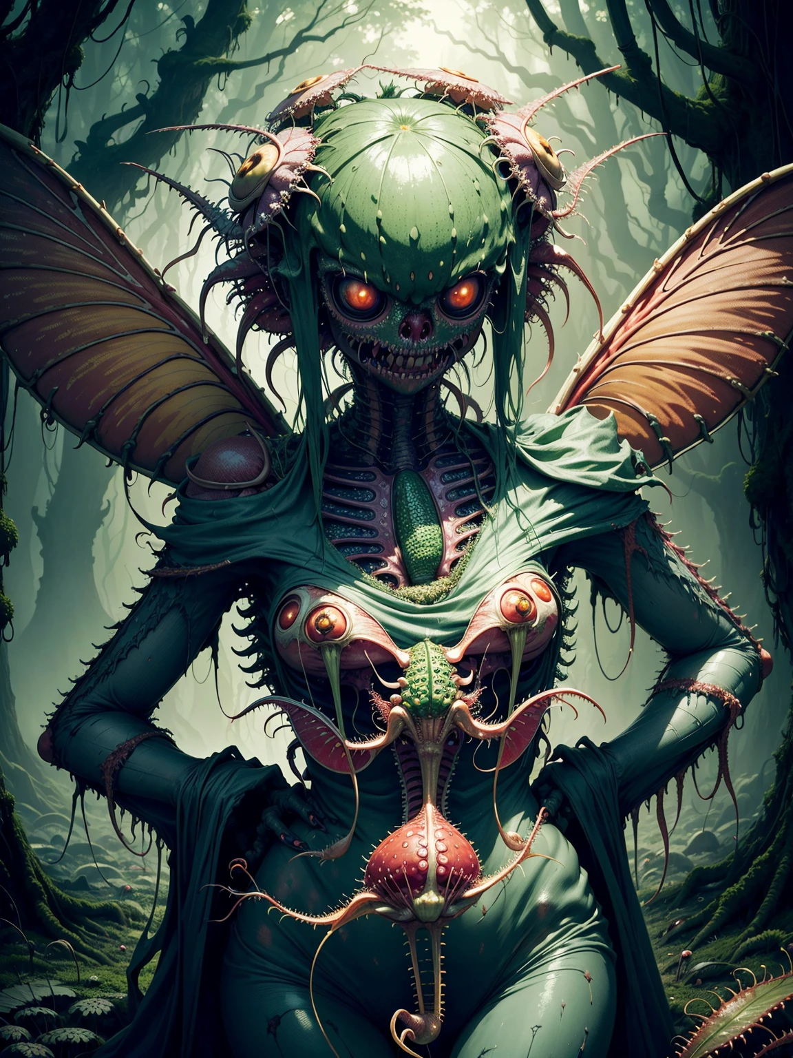 (masterpiece), super detail, ((best quality)), ultra high res, highres, (photorealistic:1.4), 1girl, Monster Girl, undead, plant girl, plant, in the forest, undead forest