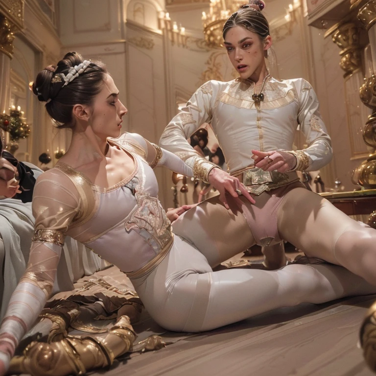 (8k, photo, best quality, masterpiece, dynamic, erotic, homoerotic, beautiful eyes, ballet tights, crotch bulge, royal ballet style:1.5), (2 androgynous males, prince disgraces rat king, nutcracker ballet:1.65)