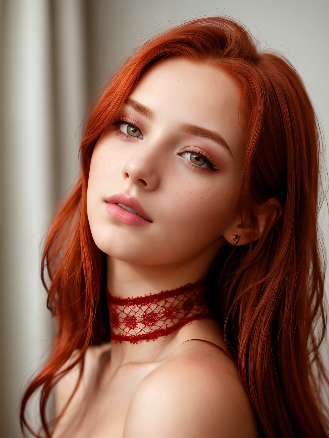 (best quality,ultra-detailed,realistic:1.37),raw photo,lying(18yo redhead girl),makeup,rouge,neck lace choker,realistic skin texture,swim,red eyes,softcore,warm lighting,cosy atmosphere,Instagram style