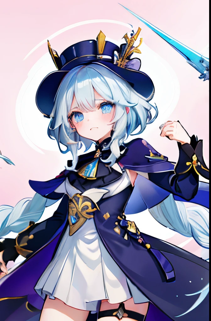 chibi, masterpiece, best quality, very aesthetic, absurdres, 1girl, full_body,furina(genshin impact), heterochromia,bule hair,blue eyes,hat,ascot,brooch,long sleeves, jacket,blue bow,gloves,white shorts, thigh strap,in a library,luminous butterflies, fluttering butterflies,
