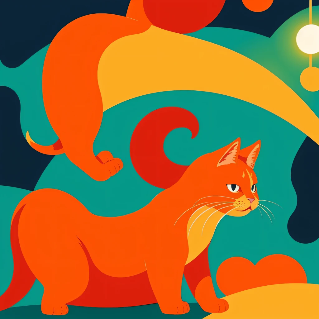 Orange cat machine flat line illustration light color