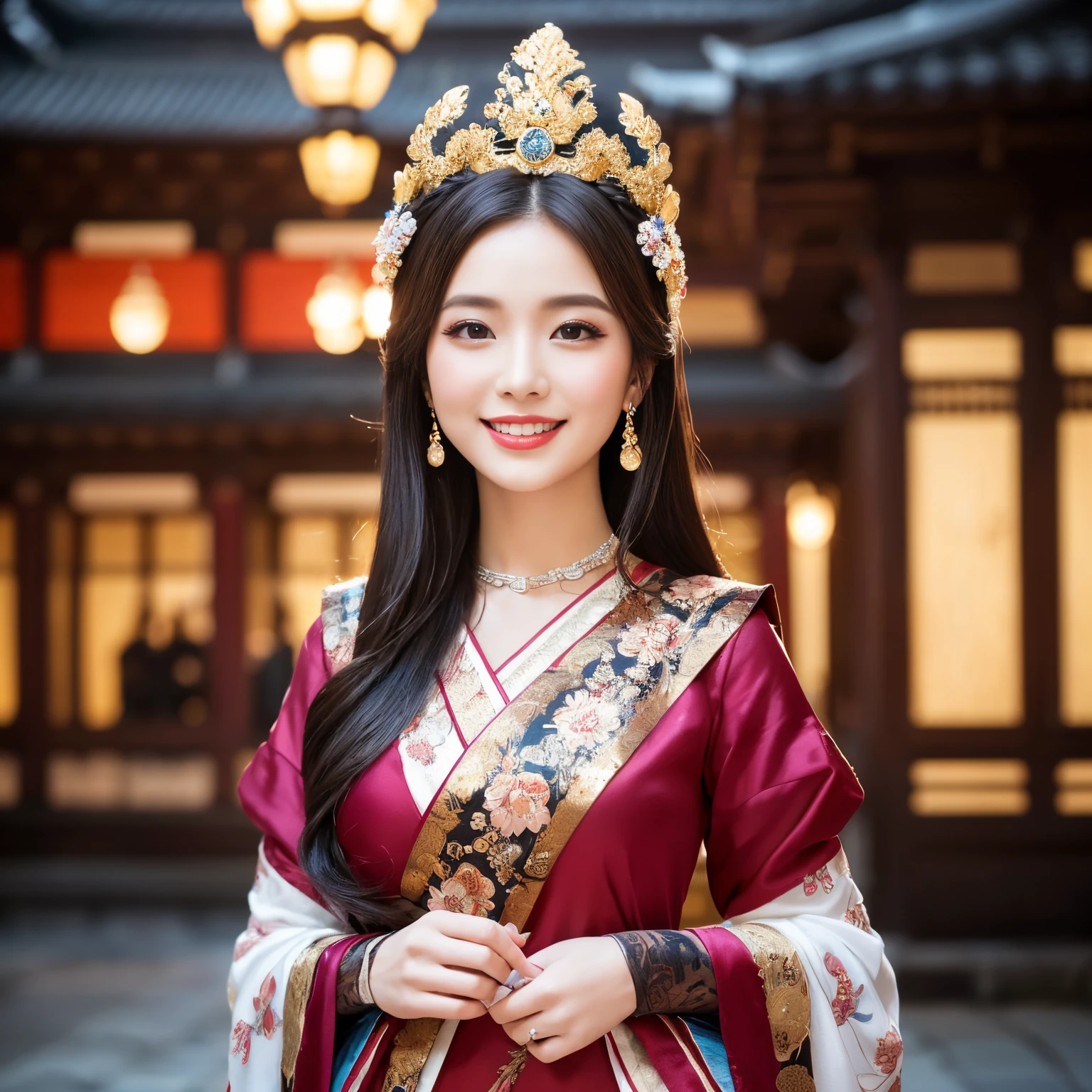((top-quality、masutepiece、8K、Top image quality、Highly complex and detailed depictions))、(Full body photo of a princess from the Heian period:1.3)、beautiful city of chan'in night、((The most gorgeous costume of Heian Hime、the most vivid and luxurious costumes、big long costume、The most luxurious and huge capital of the Heian period、An unimaginably luxurious building、A very luxurious and huge city、huge city in the middle of the night、Very complex decoration、very clear huge building))、(View me、Bewitching smile、Perfect makeup、long eyelashes、lipsticks、Vibrant eyeshadow、perfect anatomia、A slight smil)、(clear luxury capital background:1.3)、the best smile when you look at me、beautiful smiling face、smiling princess、Heian period princess hairstyle、A city with a clear background、Depth of field is deep、Clear background of capital and flowers