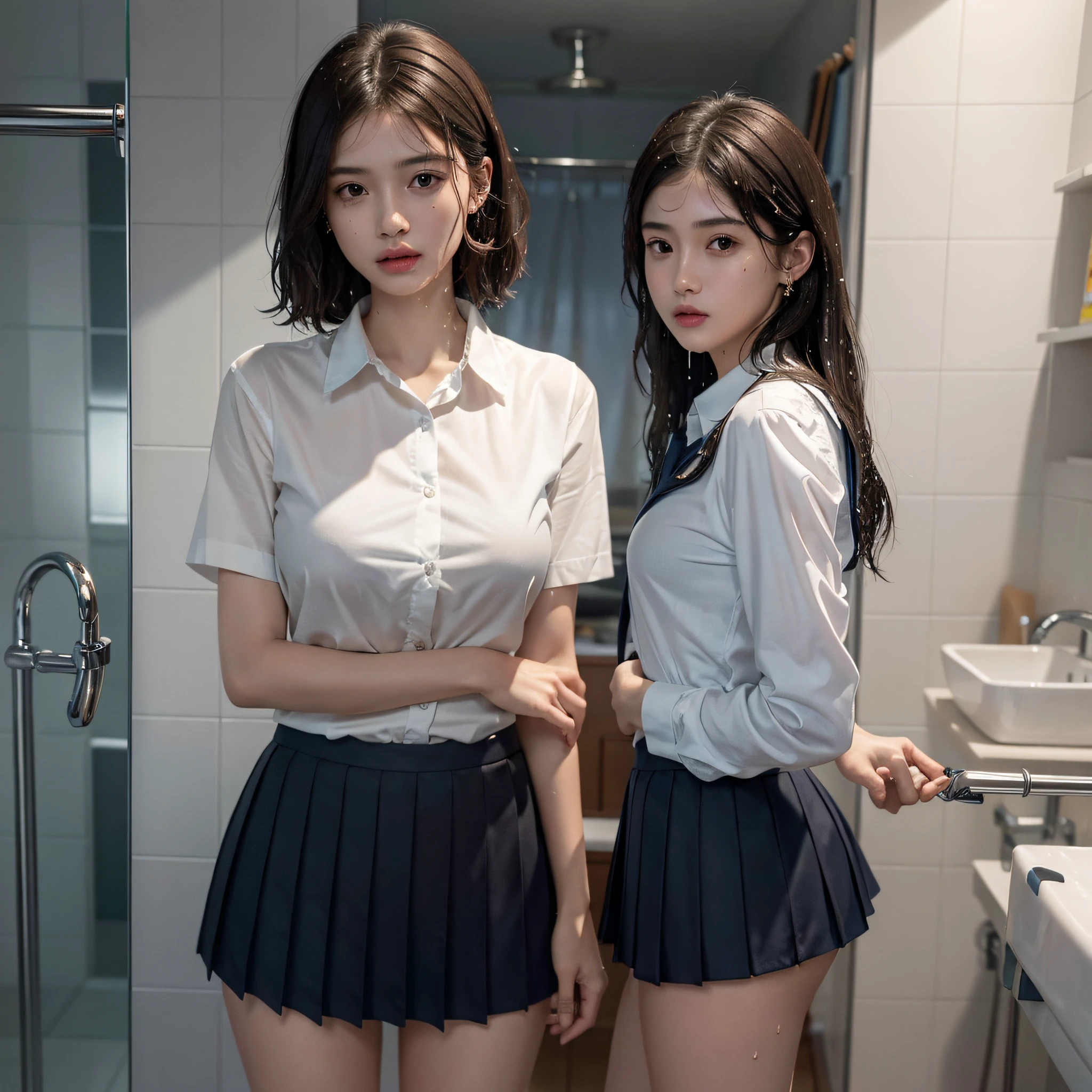 absurderes, Raw photo, Extremely delicate and beautiful, masutepiece, Best Quality, Ultra High Resolution, 16 K, hyper realisitic, Realistic, Photorealistic, Photorealsitic, Ultra-detailed, Perfect Anatomy, super detailed skin, Perfect figure, Very detailed CG 8k wallpaper, in her 20s, Very slim body, Narrow waist, Very small head, Very small face, Delicate facial features, tear moles, Earring, thin legs, (very massive round chest), (Full body shot:1.2), Short hair, Wavy Hair, light brown hair, (Wet clothes:1.2), (3 girls:1.3), Shower room, (School uniform:1.2), Blazer, Shirt,