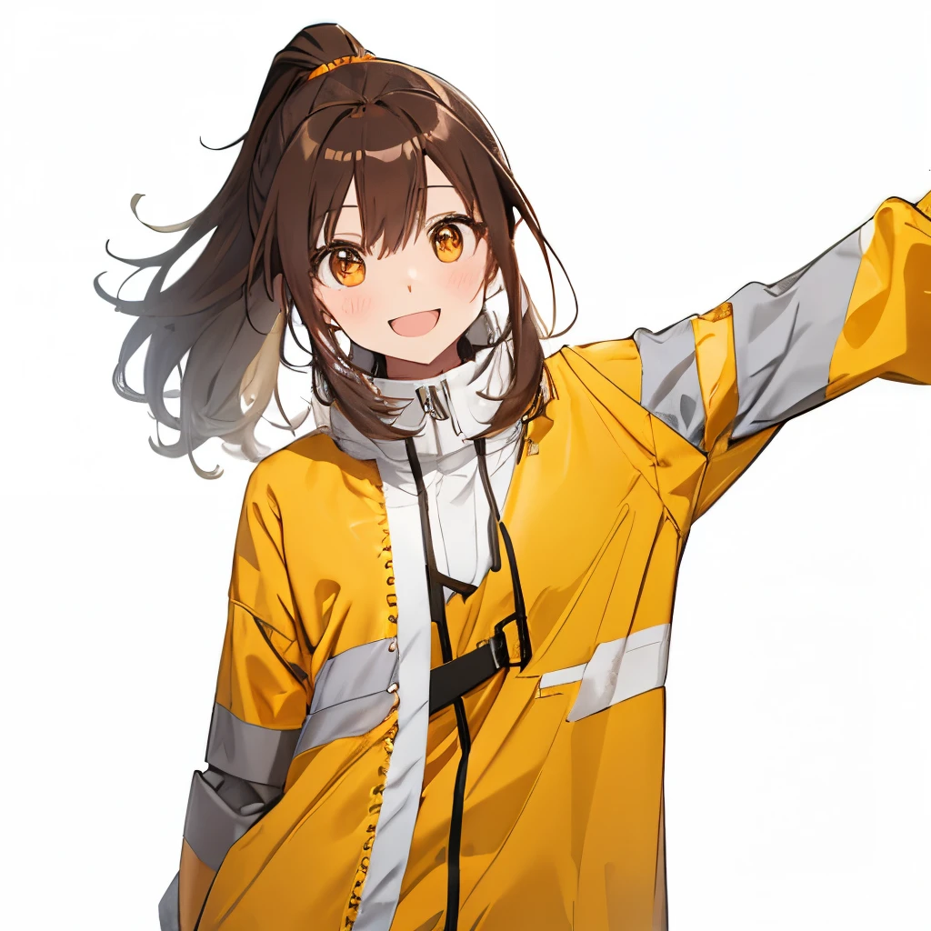 【Highest Quality, masutepiece】 [girl, Manteau, expressioness,deep orange eyes, front facing,dark brown hair,long ponytail hair,yellow knit cloth, Happy, Upper body] (Gray white background:1.2),very happy smile,