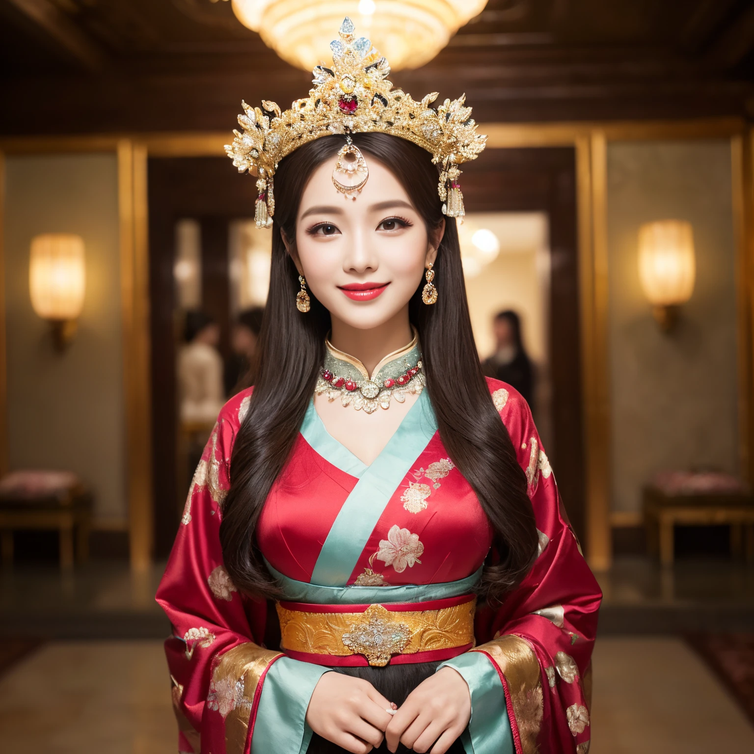 ((top-quality、masutepiece、8K、Top image quality、Highly complex and detailed depictions))、(Full body photo of a princess from the Heian period:1.3)、beautiful city of chan&#39;in night、((The most gorgeous costume of Heian Hime、the most vivid and luxurious costumes、big long costume、The most luxurious and huge capital of the Heian period、An unimaginably luxurious building、A very luxurious and huge city、huge city in the middle of the night、Very complex decoration、very clear huge building))、(View me、Bewitching smile、Perfect makeup、long eyelashes、lipsticks、Vibrant eyeshadow、perfect anatomia、A slight smil)、(clear luxury capital background:1.3)、the best smile when you look at me、beautiful smiling face、smiling princess、Heian period princess hairstyle、A city with a clear background、Depth of field is deep、Clear background of capital and flowers