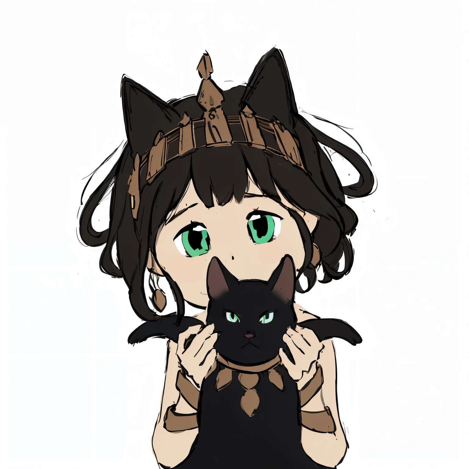 Dark brown hair  girl，Wearing gold headdress and hand jewelry，Girl holding a black cat，tmasterpiece