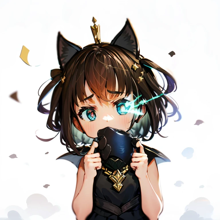 girl with dark brown hair,Wear gold headgear and jewelry,girl holding a black cat,tmasterpiece