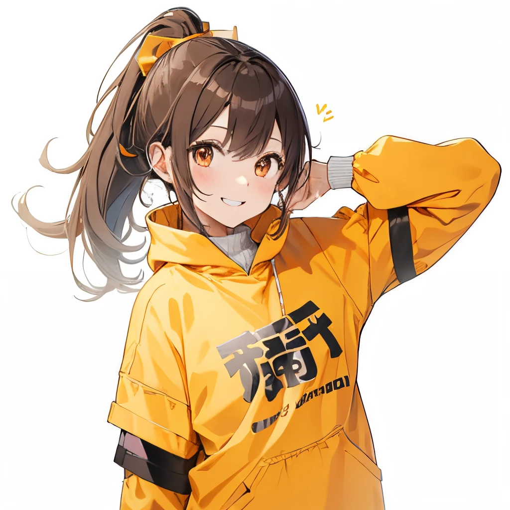 【Highest Quality, masutepiece】 [girl, Manteau, expressioness,deep orange eyes, front facing,dark brown hair,long ponytail hair,yellow knit cloth, Happy, Upper body] (Gray white background:1.2),very happy smile,