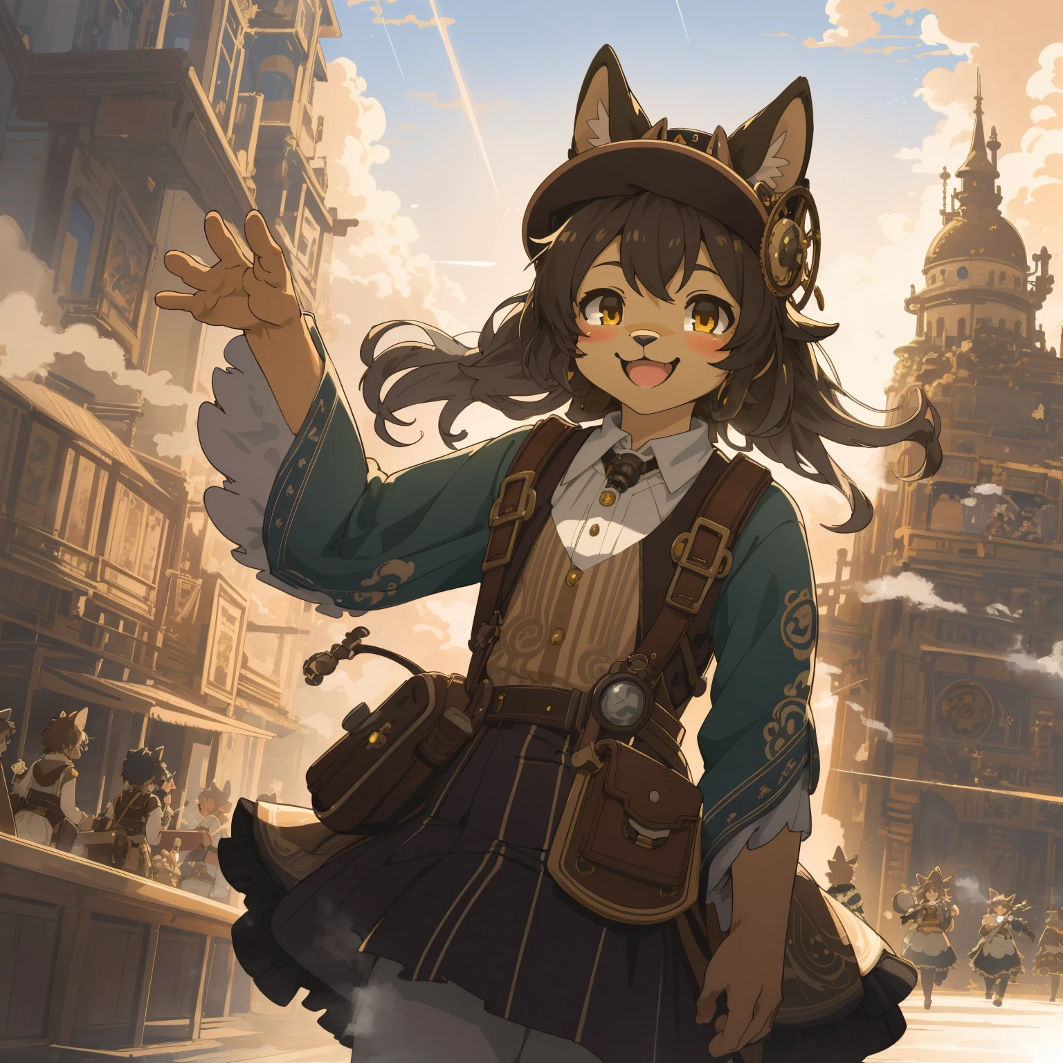 cover_page, highres, top quality, best quality, paid reward available, High-quality illustrations, unparalleled masterpiece, perfect artwork, absurdres, super high resolution, detailed background, Steam punk, Beautiful World Heritage, 6+boys, 6+girls, Happy, joyful(Photos of solo travelers)(kemono, furry anthro)cinematic lighting, dynamic angle,