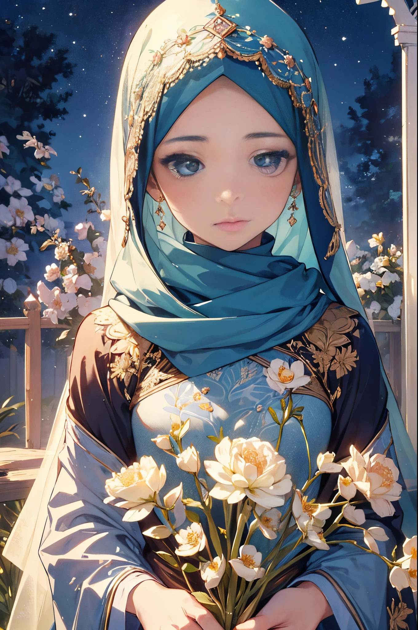 (best quality,4k,8k,highres,masterpiece:1.2),ultra-detailed,(realistic,photorealistic,photo-realistic:1.37),portraits,hijab,garden,beautiful detailed eyes,beautiful detailed lips,extremely detailed face,long eyelashes,soft and natural lighting,vibrant colors,flowing fabrics,serene atmosphere,peaceful expression,feminine pose,botanical elements,inspiring and tranquil setting,subtle textures,A girl dressed in an elegant hijab standing gracefully in a vibrant garden. She has beautiful, detailed eyes and lips that exude calmness and serenity. Her face is extremely detailed, highlighting the intricate features and long eyelashes. The garden surrounding her is filled with lush greenery, blooming flowers, and a variety of botanical elements. The lighting is soft and natural, casting a gentle glow on her face. The colors in the scene are vibrant and visually striking, creating a captivating visual experience. The hijab she wears is flowing and elegant, adding a touch of grace to her appearance. The overall atmosphere is peaceful, inspiring, and tranquil, creating a sense of harmony and beauty. Subtle textures add depth and richness to the image, enhancing the realism. This masterpiece of a portrait captures the essence of femininity, empowerment, and tranquility in a stunning and captivating manner.