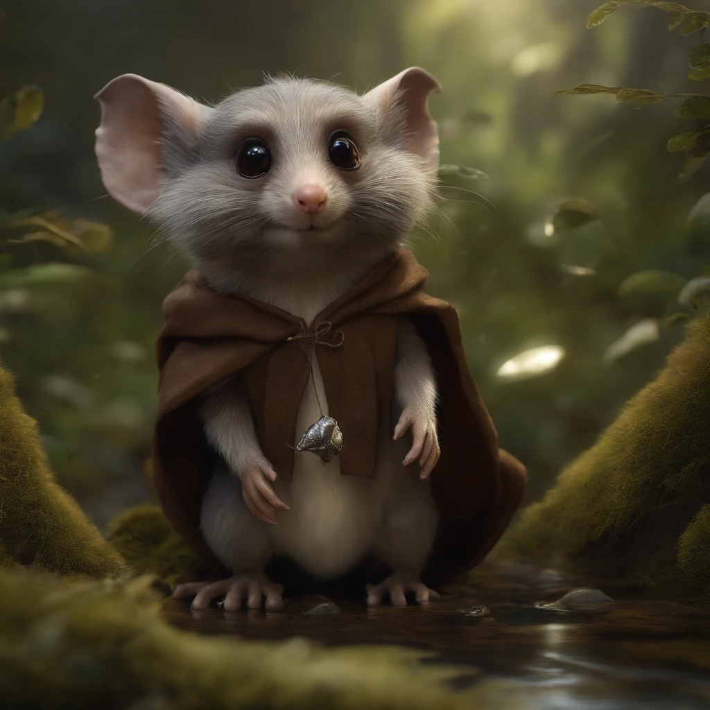 (CBZBB:1.25), ((gremlin),Zhkute, Small, baby, Beautiful, Fantasy art, deviant art, trending artstation, Digital Art, Detailed, Realistic, humanoid, character, tiny, Cinematic shot, cinematic portrait of a mole ,gremlin, mole-like,plump, fluffy, bright silver and brown, long tail, large ears, covered with silver fur, wear a short vest with a hood, water, walks along the bank of a stream, rain is dripping, mud, Traces, Best Quality, Masterpiece, in style of dark fantasy art, gremlin, mole-like, bright silver and brown, long tail, double nose, huge ears, covered with silver fur,tousled, five toes on each paw, holds a huge toadstool mushroom in its paws, I'm standing in a forest clearing under the foliage of bast., acorns lie in the clearing, acorns glow, Crickets fly, Best Quality, Masterpiece, in style of dark fantasy art, fantasy-inspired, in the style of John Tolkien,