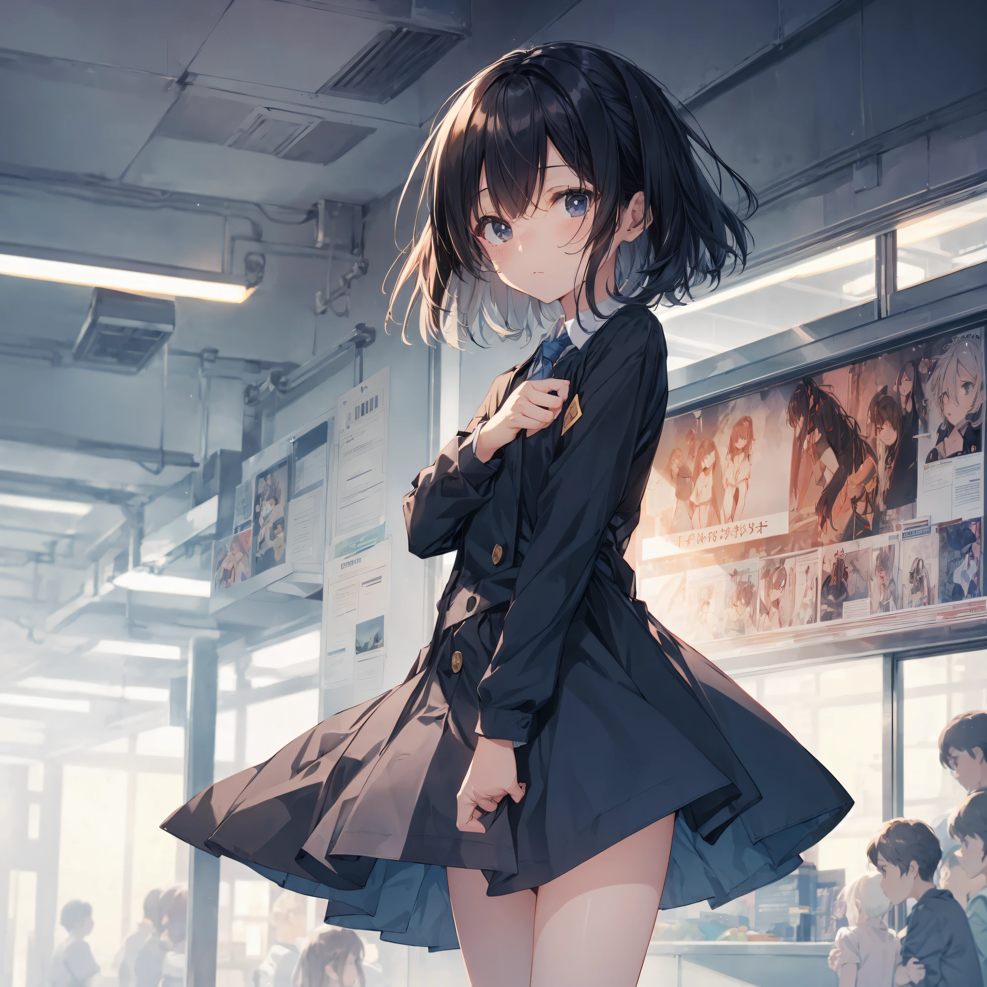 of the highest quality, Ultra-detailed, anime moe art style,Best Anime 8K Konachan Wallpapers,Pixiv Contest Winner,Perfect Anatomy, (Draw a girl sleepily walking to school. ),BREAK, 1girl in, (Solo,Lori,child,13years:1.3),a junior high school student, Androgynous attraction, (Very short hair),hair messy, Bangs parted in the middle, Forehead, Full limbs, complete fingers,flat chest, Small butt, groin, Small eyes,Precise black eyes,disgusted eye, School uniform, Skirt,On the way to school. BREAK,High resolution,super detailed skin, Professional Lighting, 8k eye details,(cool illustration:1.2),