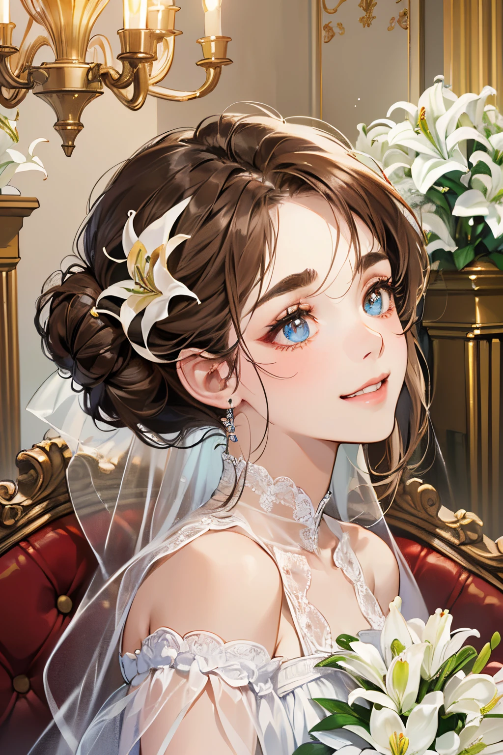 (masutepiece, Digital Art, Digital Illustration, 4K, 8K, Ultra-detailed, beautiful image, Sharp Image, Photorealistic, Raw photo, Perfect face, Perfect lines, Perfect eyes, Soft lighting) 1 woman, (lightbrown hair,Chignon Hair,Innocent look,drooping eyebrows,drooing eyes,with round face,Round jaws、Innocence,cute little,big eye,natural make up,kindly smile,E-cup,23 y-o woman:1.3),Two handsome men in suits, (ember,Men in suits,well-muscled,Firm shoulder width,Adult male,Boyish hairstyle,Man in his 30s with a cool expression,28-year-old man with bright smile:1.2),Antique furnishings,Antique Clamps,Antique chair,chandeliers,Crystal Glass,Luxury,fantastical light,Marble fireplace,(embarrassed from,Shy smile,Bouquet of white lilies:1.2),Antique sofa,Leather sofa,the kiss、kiss、a couple、couple kissing、Romance、Pure white dress、Wedding、Kiss of vows