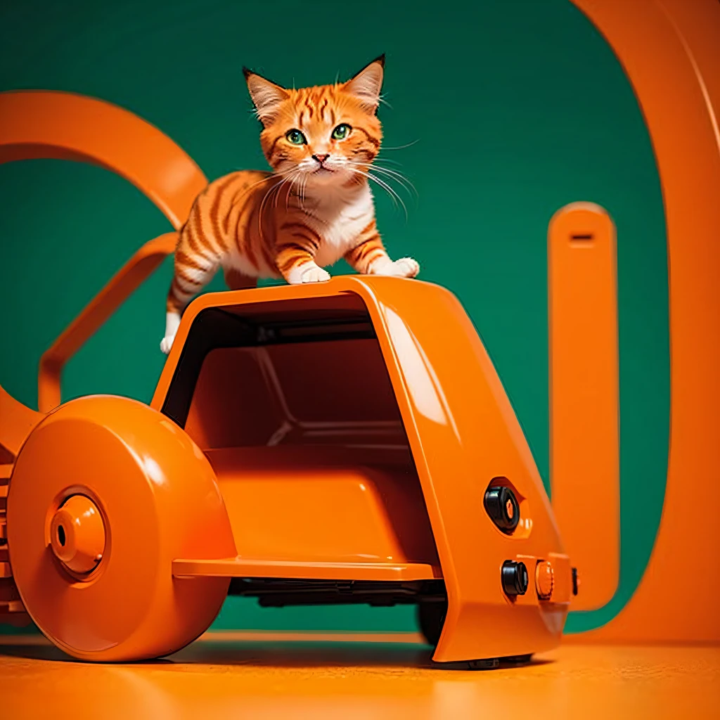 Orange cat machine flat line illustration light color