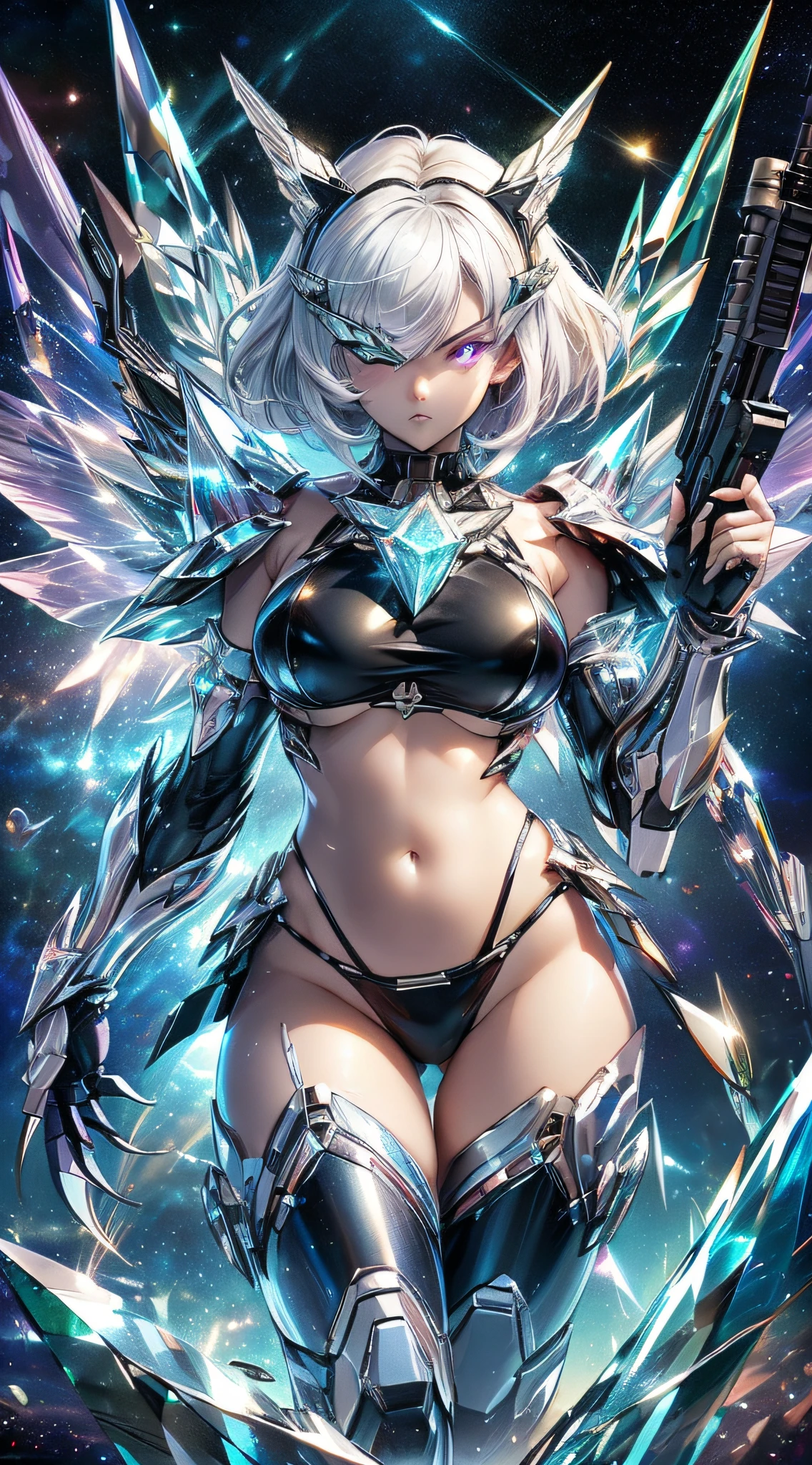 top-quality、Top image quality、masterpiece、girl with((Black Bikini、glowing mechanic suit、18year old、 ager、cute little、Best Bust、big bast,Beautiful shining purple eyes、Breasts wide open, white hair、Longhaire、A slender,Large valleys、belligerent movements,sharp claws、Shoot a double-arm beam rifle、Crystal visor on the right eye、Bright wings、fight)),hiquality、Beautiful Art、Background with((Space Battlefield)))、,masutepiece、depth of fields,Cinematic style