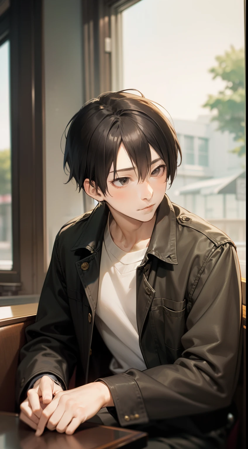 masutepiece, Beautiful One Boy, Sitting in a window seat in a café, Delicately rendered background and face