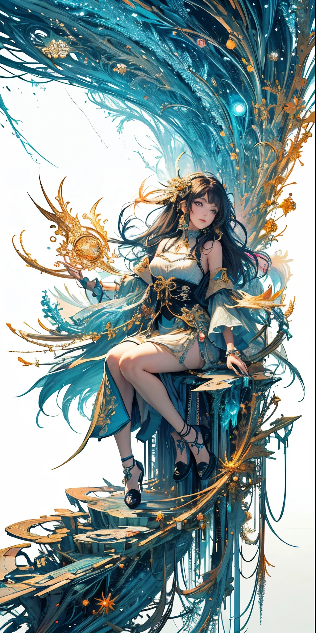 Official Art, Unified 8K Wallpapers, Ultra Detailed, Beautiful and Aesthetic, Masterpiece, Best Quality, (Zentangle, Tangle, Entangle), (fractal art: 1.4), (character center: 1.3), 1girl, black hair, Chinese, off-the-shoulders, short skirt, calf, navel, very detailed, dynamic angle, cowboyshot, (most beautiful form of chaos), ethereal, (bright colors), oc, (half: 1.2), china, (thangka flying sky: 1.5), (ribbon: 1.3), (dream: 1.5), (hanfu: 1.5), Chinese dragon, Chinese phoenix, (smile: 0.5), ( Chinese deities), --auto --s2