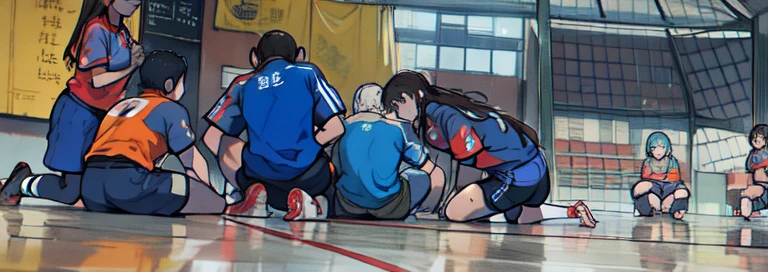 there are many girls sitting on the floor playing soccer together, indoor, in pif, indoor shot, sport, foto, deep in thought, godesses, description, in game, by David Ruby, sad scene, sad look, competition winning, a picture, taken on iphone 1 3 pro, motivational, exclusive, tournament, contemplating, 8k)), intense scene