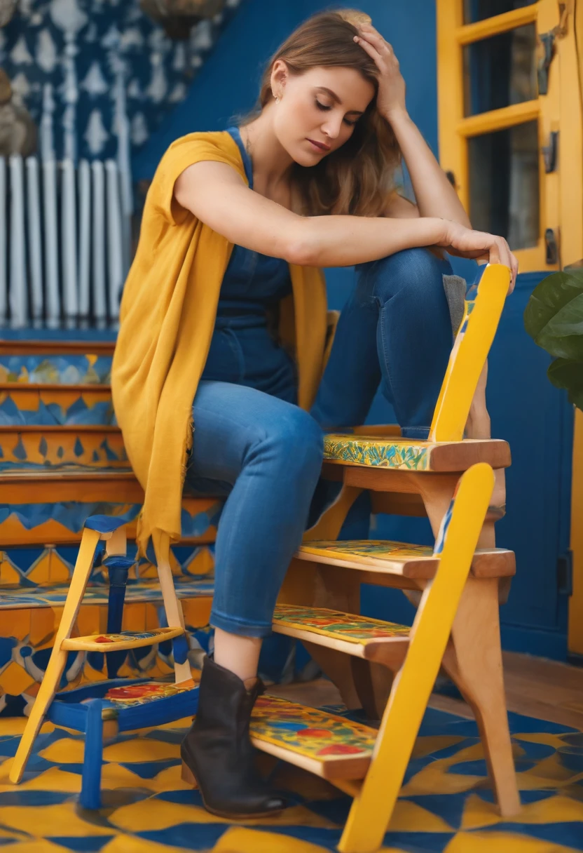 An image of the character carefully painting a beautiful design on a wooden step stool, with vibrant colors and cheerful patterns coming to life.,original,Very swedish! Blue and yellow. Absolutely Scandinavian. Very hot. Very beautiful. , female