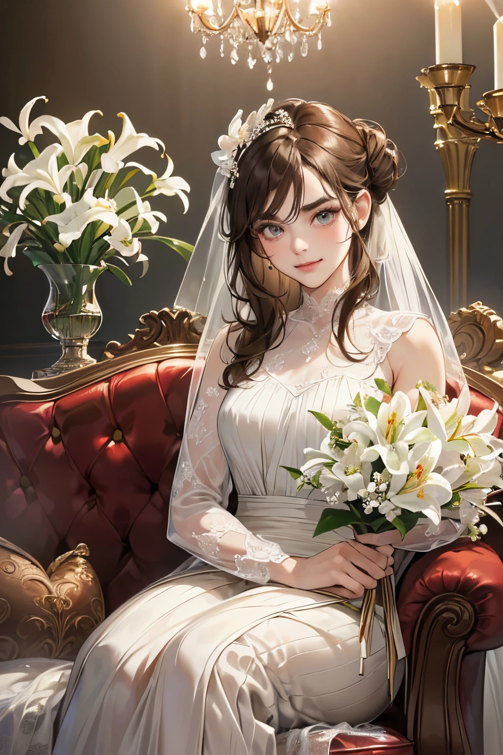 (masutepiece, Digital Art, Digital Illustration, 4K, 8K, Ultra-detailed, beautiful image, Sharp Image, Photorealistic, Raw photo, Perfect face, Perfect lines, Perfect eyes, Soft lighting) 1 woman, (lightbrown hair,Chignon Hair,Innocent look,drooping eyebrows,drooing eyes,with round face,Round jaws、Innocence,cute little,big eye,natural make up,kindly smile,E-cup,23 y-o woman:1.3),Two handsome men in suits, (ember,Men in suits,well-muscled,Firm shoulder width,Adult male,Boyish hairstyle,Man in his 30s with a cool expression,28-year-old man with bright smile:1.2),Antique furnishings,Antique Clamps,Antique chair,chandeliers,Crystal Glass,Luxury,fantastical light,Marble fireplace,(embarrassed from,Shy smile,Bouquet of white lilies:1.2),Antique sofa,Leather sofa,the kiss、kiss、a couple、couple kissing、Romance、Pure white dress、Wedding、Kiss of vows
