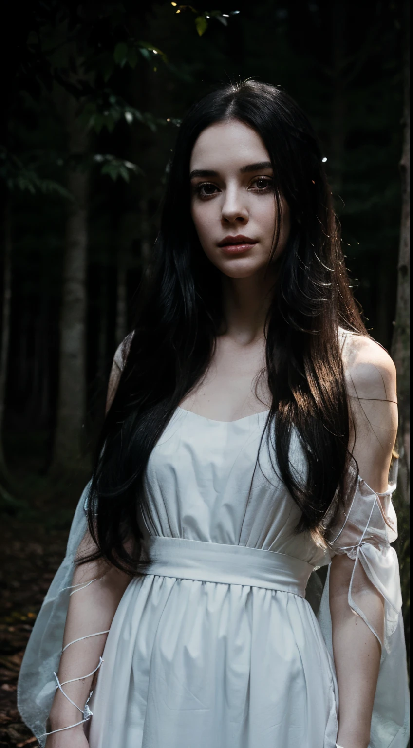 The image of a woman with a pale white face, clear details, long flowing black hair and an empty gaze wearing a white dress, is standing among the trees in the dark of night, creating a scary atmosphere. in the evening.