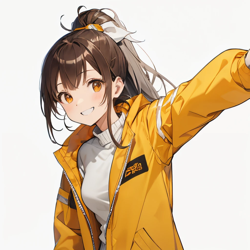 【Highest Quality, masutepiece】 [girl, Manteau, expressioness,deep orange eyes, front facing,dark brown hair,long ponytail hair,yellow knit cloth, Happy, Upper body] (Gray white background:1.2),very happy smile,