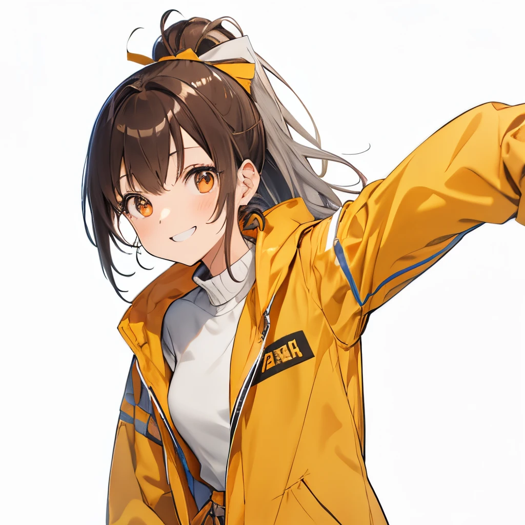 【Highest Quality, masutepiece】 [girl, Manteau, expressioness,deep orange eyes, front facing,dark brown hair,long ponytail hair,yellow knit cloth, Happy, Upper body] (Gray white background:1.2),very happy smile,