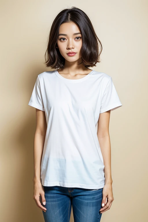 (RAW photo, best quality), (realistic, photo-realistic:1.2), Photorealistic full body photo, 1 indonesian girl, detailed eyes, shiny eyes, looking at viewer, (casual wear:1.2), white shirt, short hair, floating hair, brown skin, with sneakers, careful with eyes, white wall background, 8k high quality medium soft lighting, high details, standing
