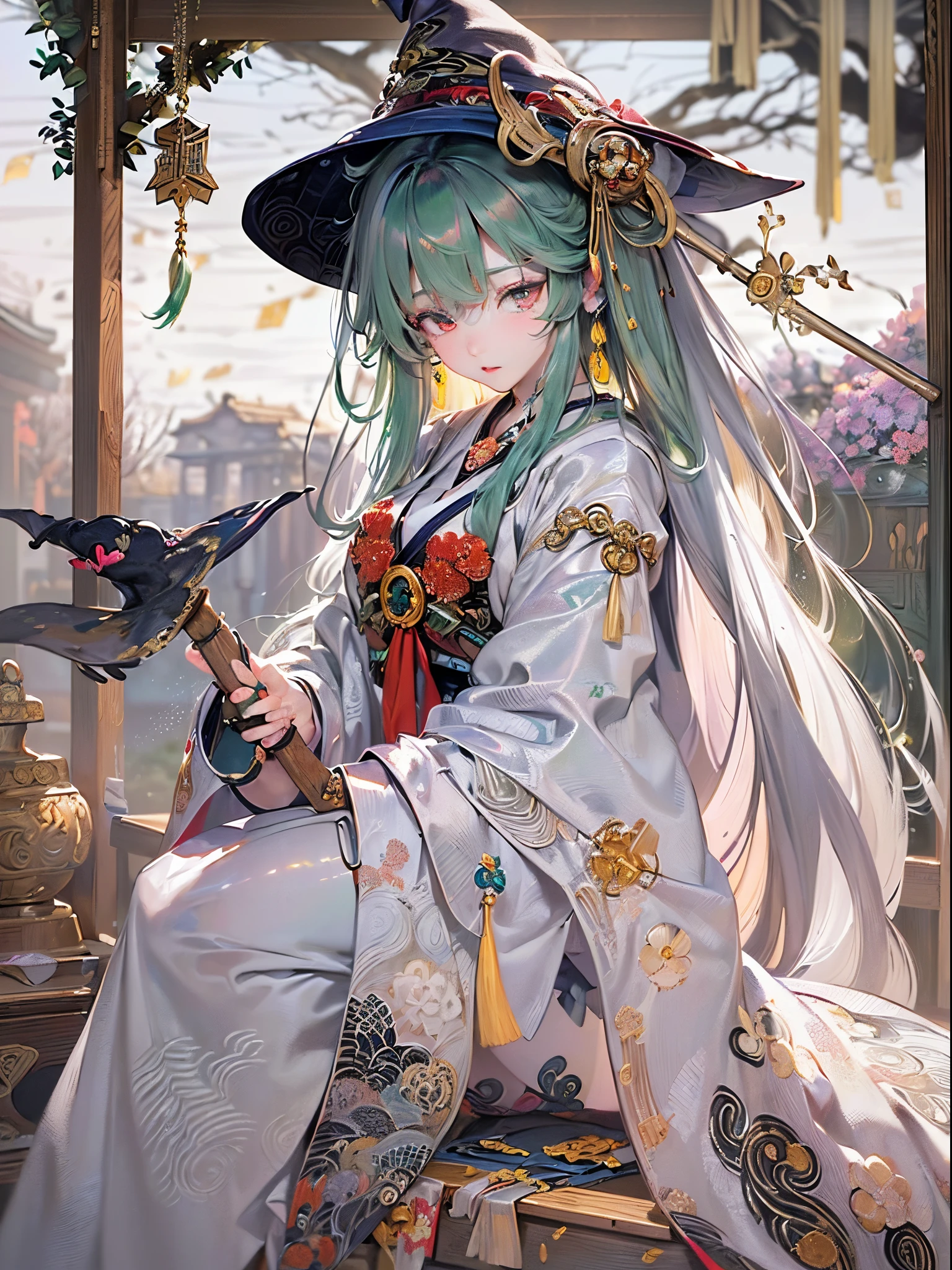 ((Finest quality)),(超A high resolution),(ultra-detailliert),(Meticulous portrayal),((Best Anime)),(Finest works of art),(Ultra-Precision Art),(The art of astounding depiction,Overwhelming depiction:1.5),(intricate and detailed art:1.6), (adult woman:1.5),(shrine maiden:1.6),(Witch costume:1.8),Staring at this:1.4,