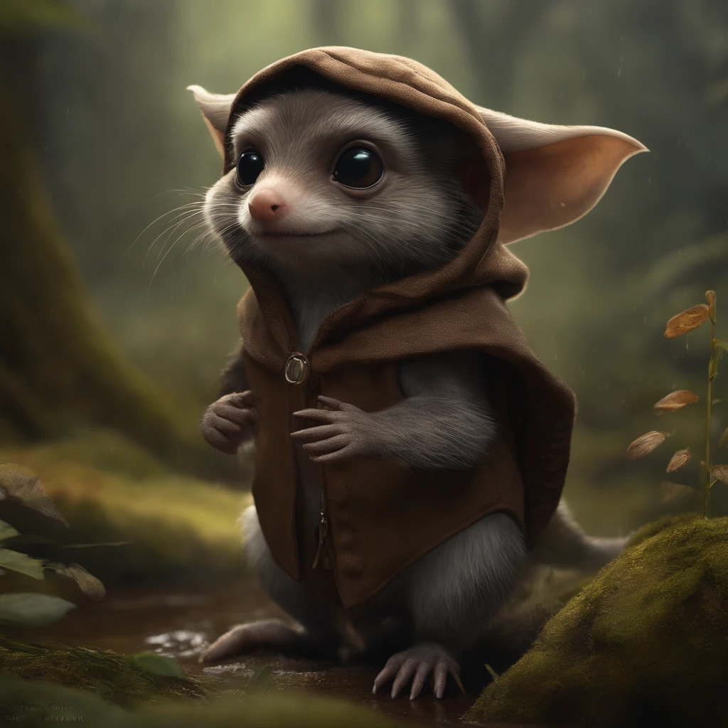 (CBZBB:1.25), ((gremlin),Zhkute, Small, baby, Beautiful, Fantasy art, deviant art, trending artstation, Digital Art, Detailed, Realistic, humanoid, character, tiny, Cinematic shot, cinematic portrait of a mole     ,gremlin, mole-like,plump, fluffy, bright silver and brown, long tail, large ears, covered with silver fur, wear a short vest with a hood, water, walks along the bank of a stream, rain is dripping, mud, Traces, Best Quality, Masterpiece, in style of dark fantasy art, gremlin, mole-like, bright silver and brown, long tail, double nose, huge ears, covered with silver fur,tousled, five toes on each paw, holds a huge toadstool mushroom in its paws, I&#39;m standing in a forest clearing under the foliage of bast., acorns lie in the clearing, acorns glow, Crickets fly, Best Quality, Masterpiece, in style of dark fantasy art, fantasy-inspired, in the style of John Tolkien,