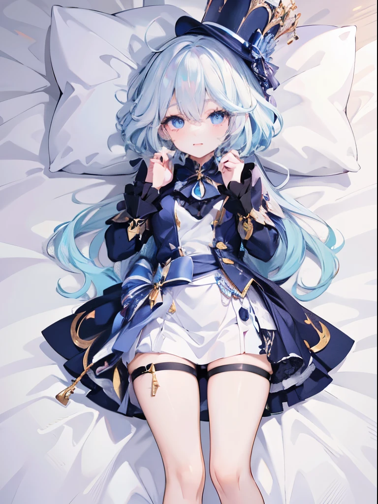 Anime character wearing hat and blue skirt lying on bed, Cute anime waifu wearing beautiful clothes, best anime 4k konachan wallpapers, Popular topics on artstation pixiv, Detailed key animation art, Anime style 4k, white-haired god, Anime art wallpaper 8 K, the original god, 8K high quality detail art, Anime art wallpaper 4k