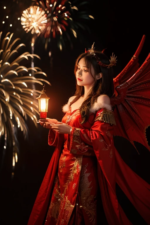 Dragon Angel with Broken Wings，intricate detailed clothes，Red is very festive，Has a warming effect，Furry cuffs，There are fireworks behind，Holding a lantern in hand，It can be seen all over the body