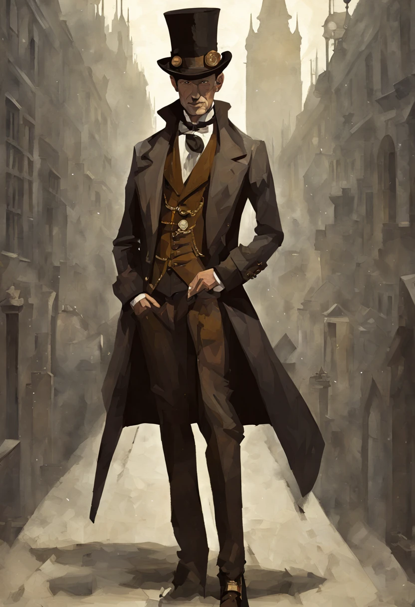 Tall, thin gentleman, Victorian steampunk, top hat, long coat, detailed background, dark and smog street, low poly, palette knife art style