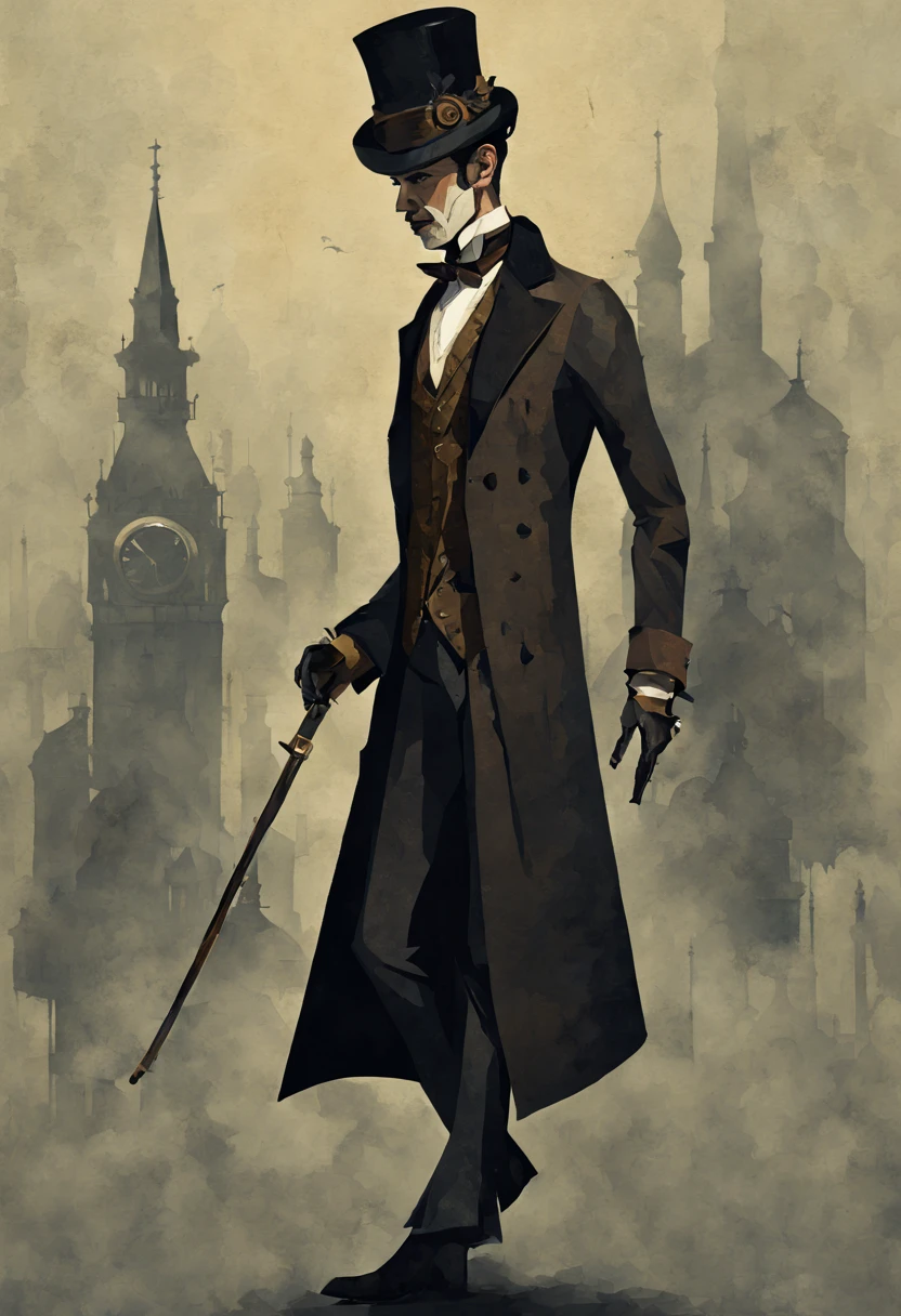 Tall, thin gentleman, Victorian steampunk, top hat, long coat, detailed background, dark and smog street, low poly, palette knife art style