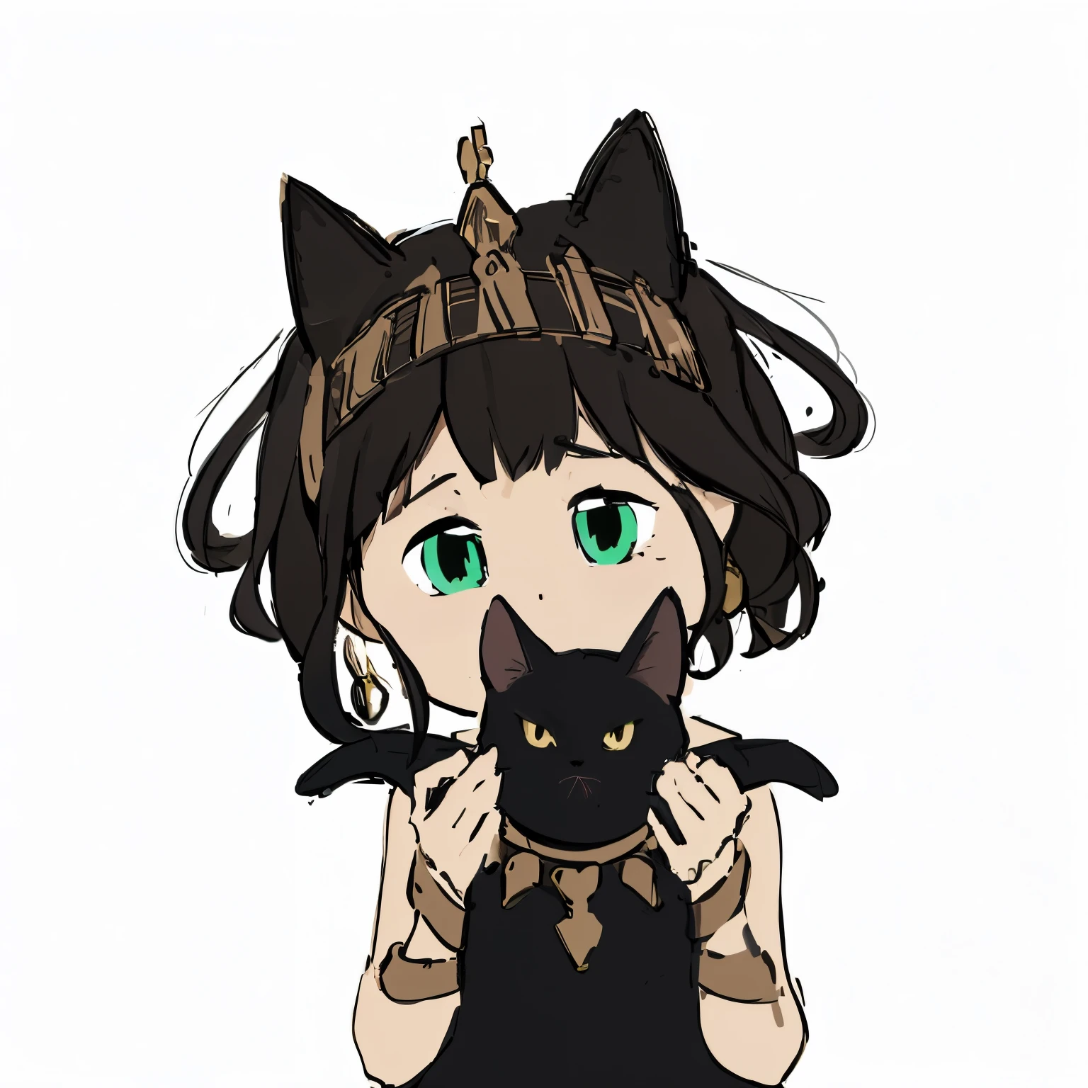  with dark brown hair，Wear gold headgear and jewelry，Holding a black cat，Black cat with golden necklace，tmasterpiece