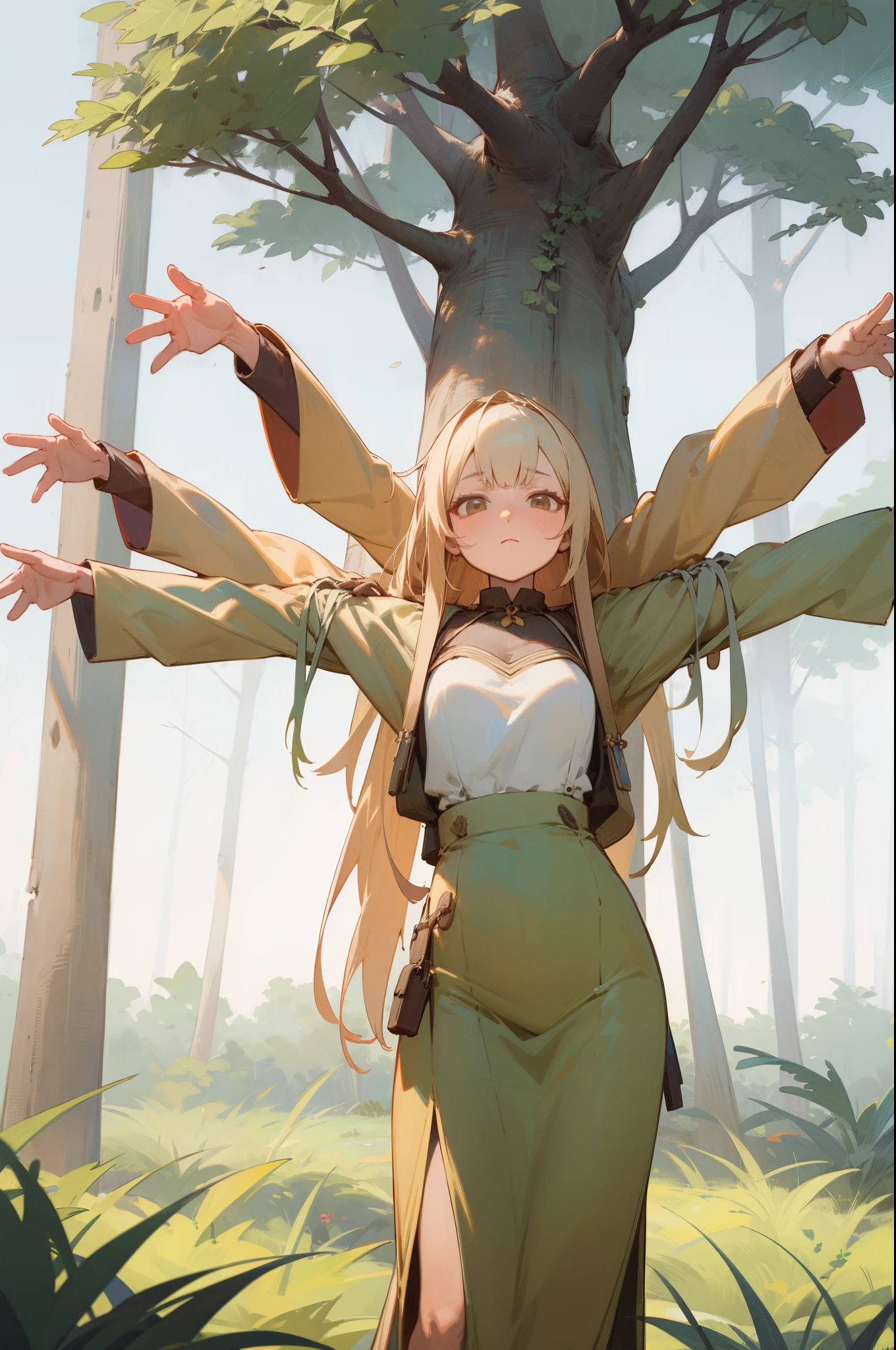 (outdoor, forest, mystical, gigantic tree), plant:1.3, Plant girls:1.3, open arms, looking at viewer, cowboy shot, (bored, no expression), masterpiece, best quality, 8k, perfect anatomy