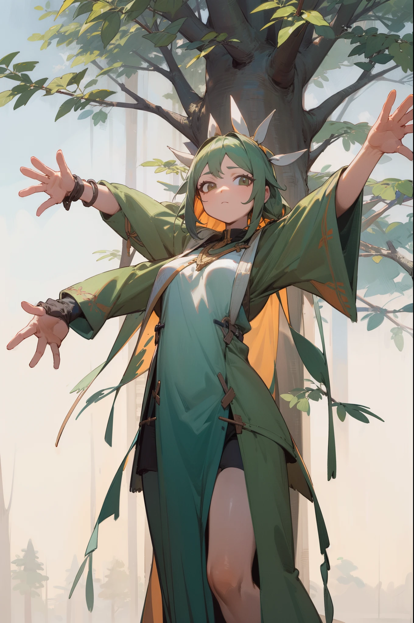 (outdoor, forest, mystical, gigantic tree), plant:1.3, Plant girls:1.3, open arms, looking at viewer, cowboy shot, (bored, no expression), masterpiece, best quality, 8k, perfect anatomy