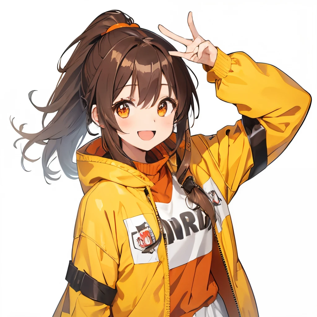 【Highest Quality, masutepiece】 [girl, Manteau, expressioness,deep orange eyes, front facing,dark brown hair,long ponytail hair,yellow knit cloth, Happy, Upper body] (Gray white background:1.2),very happy smile,