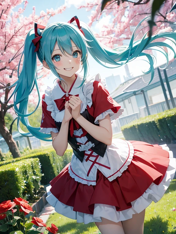 miku hatsune,ers old,red riding hood,Play Party,A big smile,Flower Garden,(hachikuji mayoi)