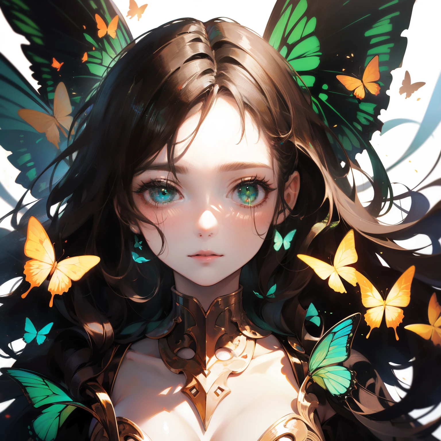 (masterpiece), best quality, ultra high res, sharp focus, (white flat background:1.2), perfect anime logo, a beautiful woman fusion of robot facing to the viewer, green eyes, brunette brown hair, long wavy hair, nature, butterflies with soft circuit patterns